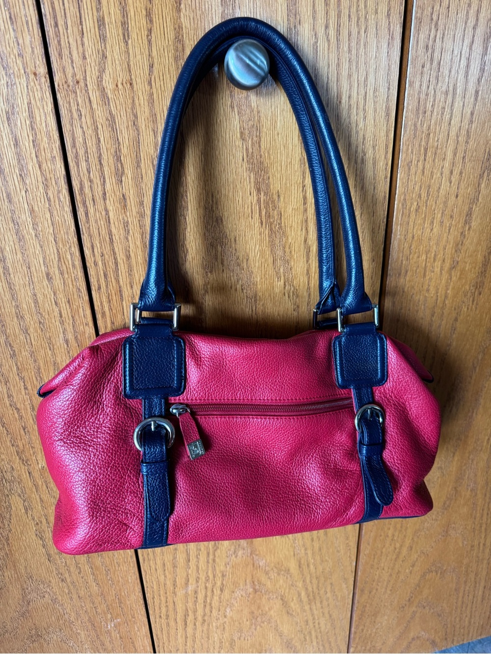 Soprano Cdn Red and Navy east west Leather Shoulder nautical plaid interior Bag